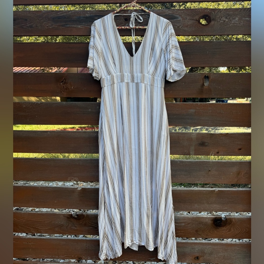 Blue Elephant White with Gold Stripes Maxi Dress with Deep V-Neck SM
